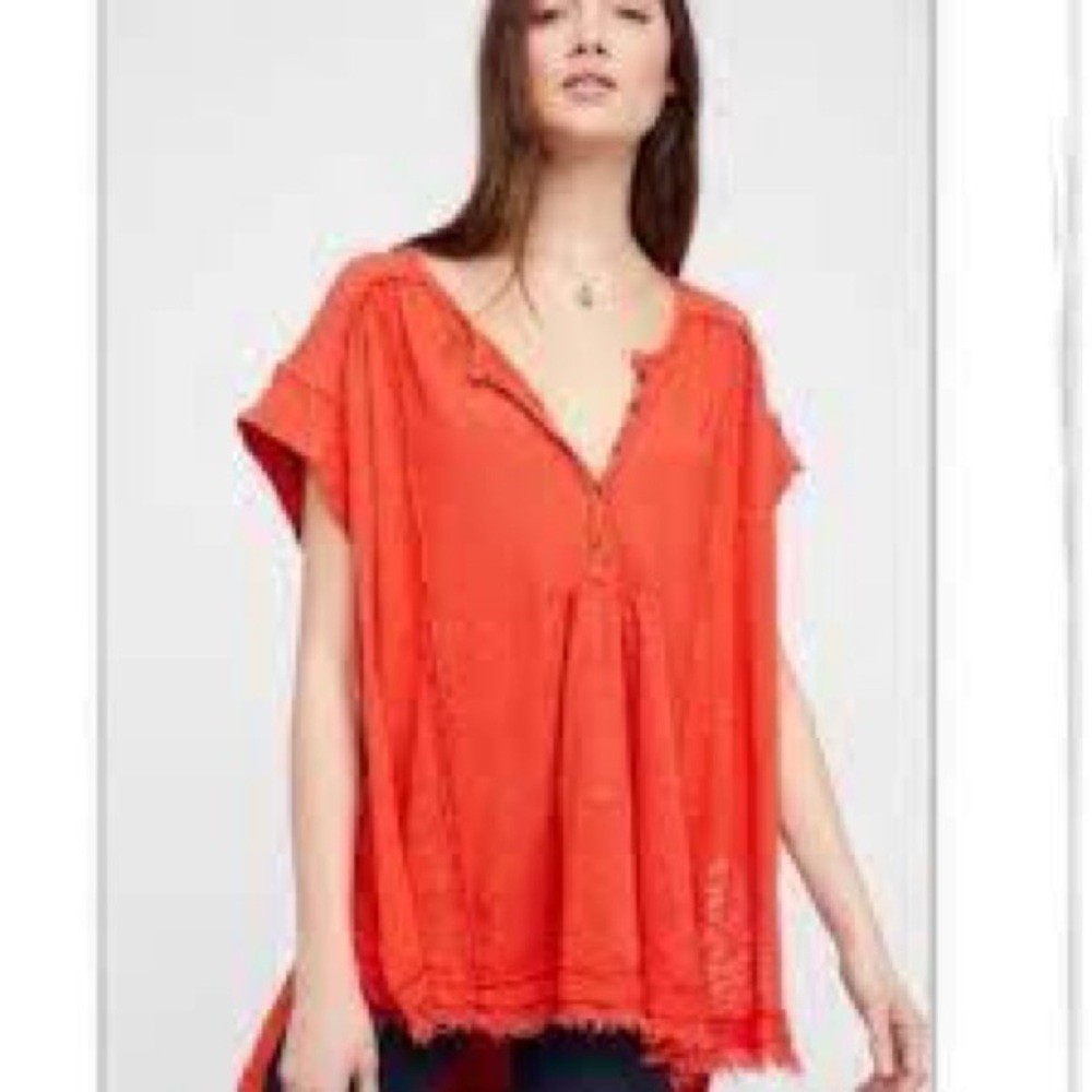 Free People Coral Boho Tunic Top Linen Blend Size S